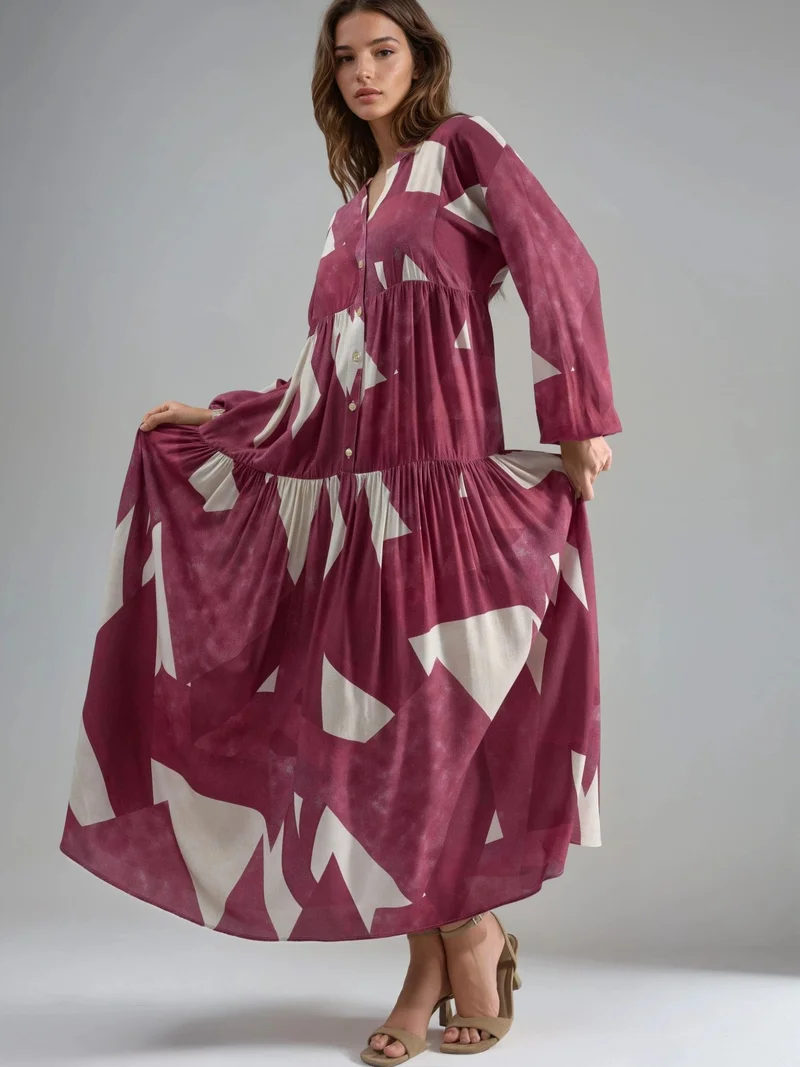 HICCUP Red Printed Long Sleeve Viscose Maxi Dress for Women | Best Price UAE